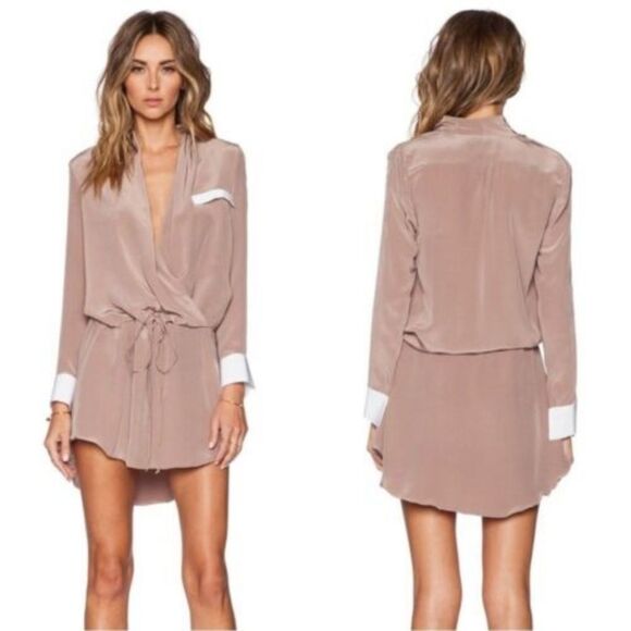 100% SILK HELENA QUINN REVOLVE TAN WHITE SHIRT DRESS TUNIC JACKET L XL NWT NEW - Picture 2 of 10